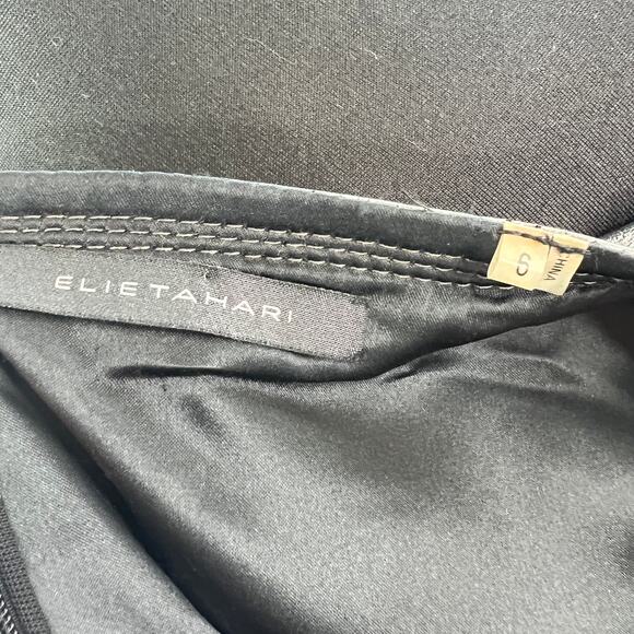 Elie Tahari Asphalt Black Mini Shift Dress Leather Split Neck Back Zip Size 6 - Picture 8 of 11